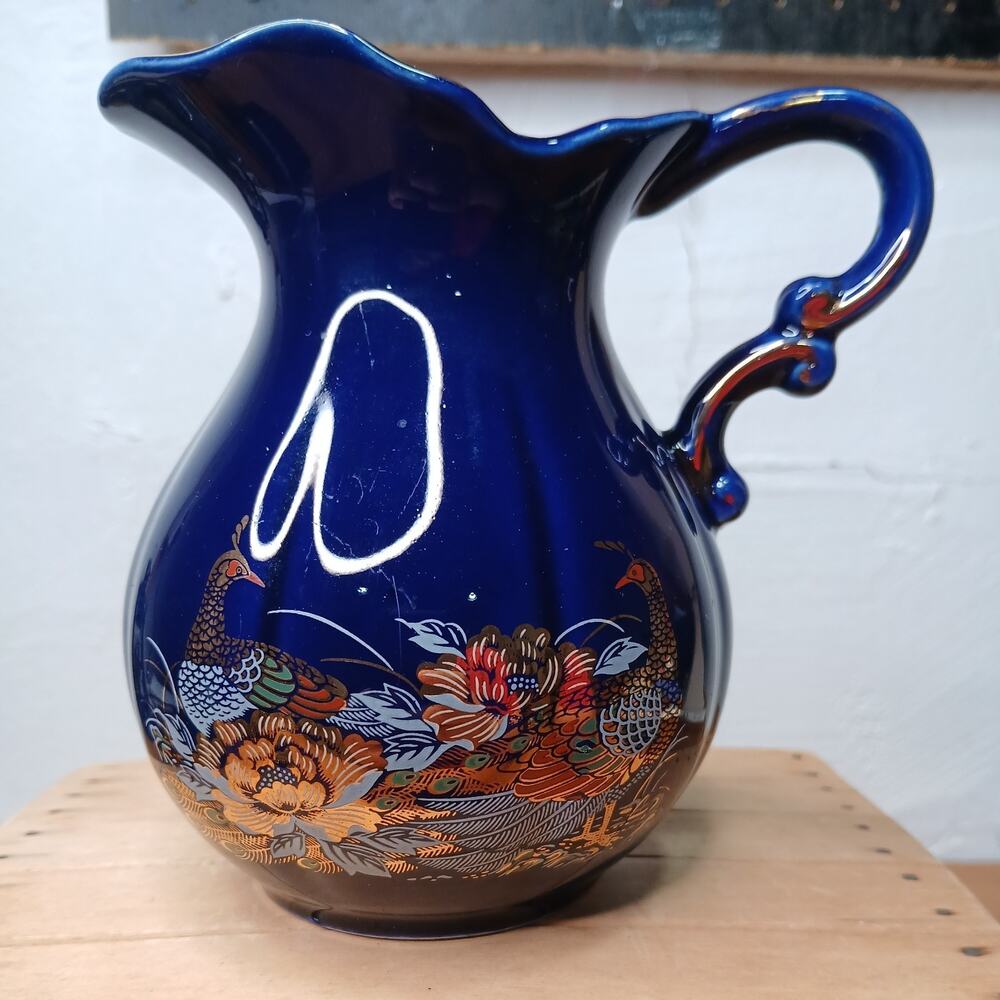 Vintage Japanese Cobalt Blue Peacock pitcher Gold trim # 26